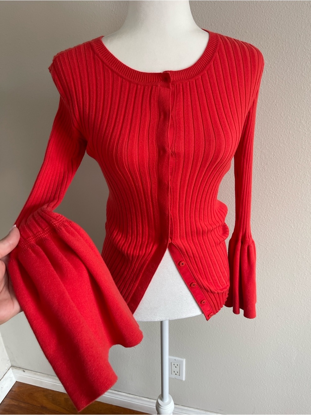 CAbi Red Ribbed Button-Front Cardigan with Flared Cuffs